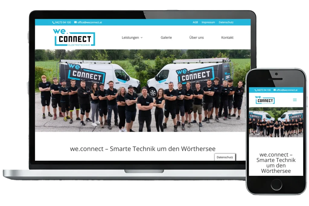 Mockup der Website von we.connect mit Startseite und Leistungsbereichen für Elektrotechnik und Smart Home