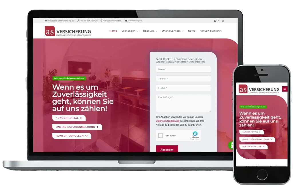 Mockup der Website von as Versicherung mit Startseite, Online-Services und Kontaktformular