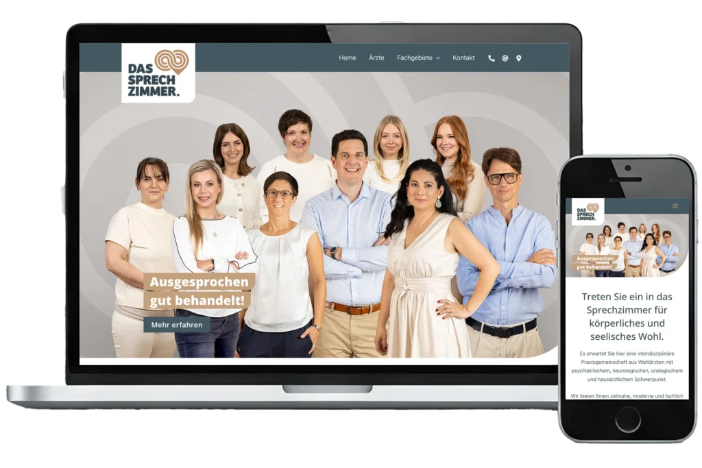 Website von Das Sprechzimmer aus Klagenfurt als Mockup auf Laptop und Smartphone mit Startseite und Fachgebietsübersicht
