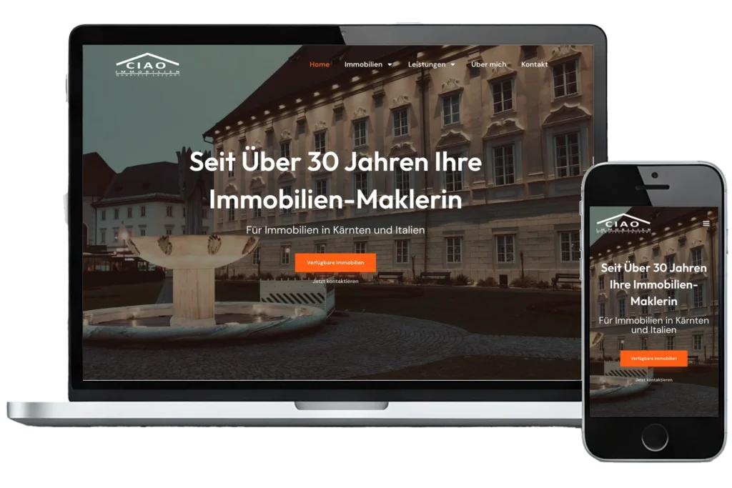 Mockup der Website von Ciao Immobilien mit Objektübersicht und Detailseite einer Immobilie