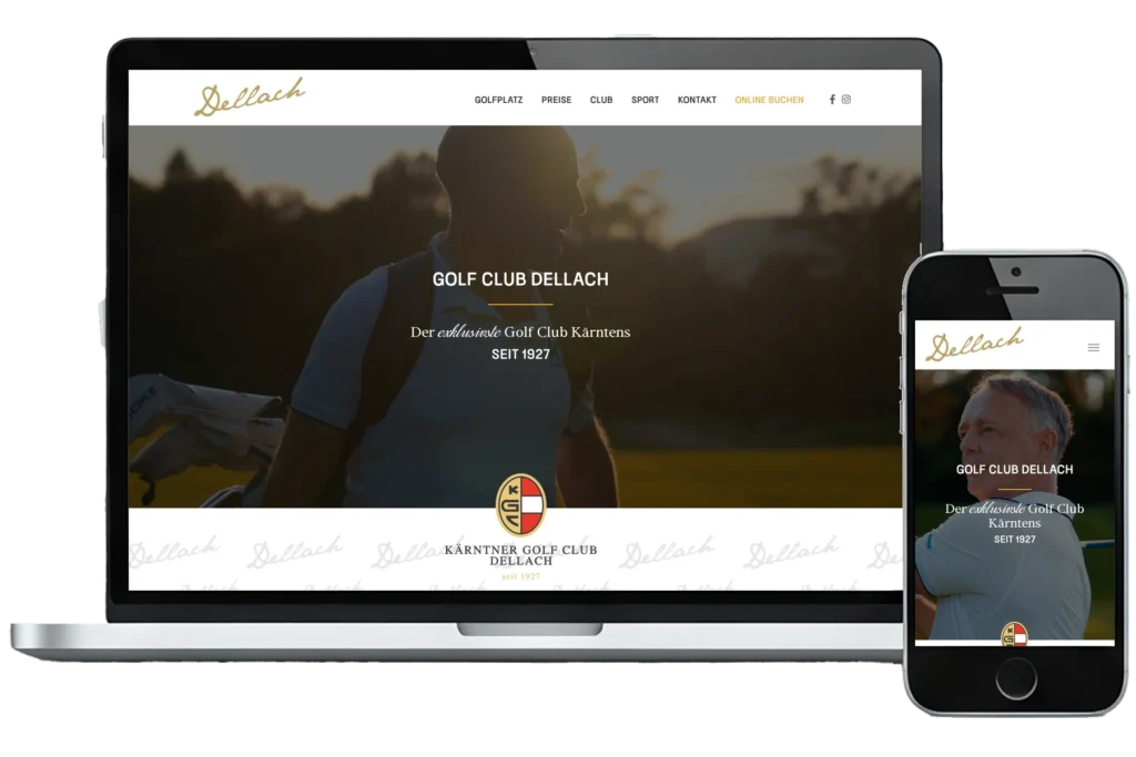 Mockup der Golfclub-Website des KGC Dellach mit Startseite, Tee-Time-Buchung und Platzvorstellung