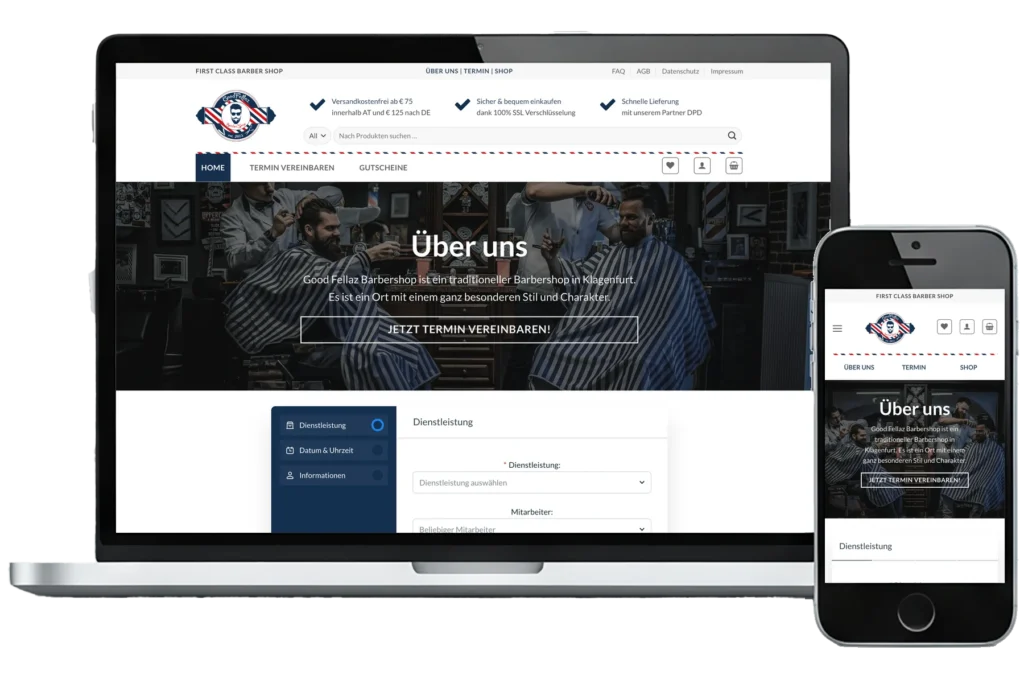 Mockup der Website von Good Fellaz Barbershop mit Startseite, Terminbuchung und Onlineshop