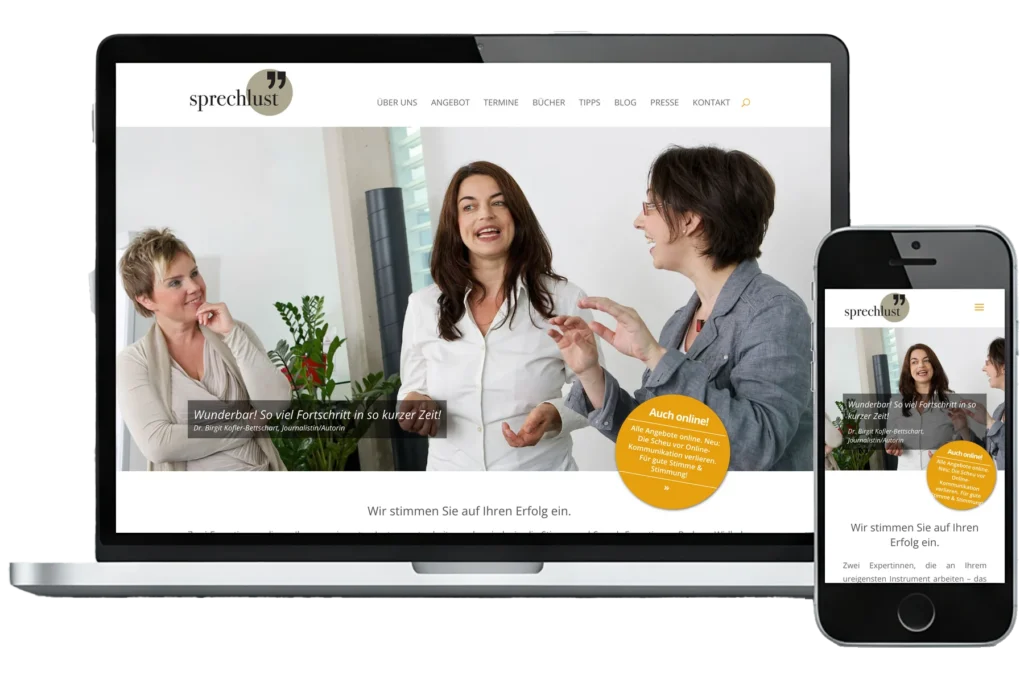 Mockup der Website von Sprechlust mit Startseite, Angebotsübersicht und Personenseiten der beiden Stimm- und Sprechtrainerinnen